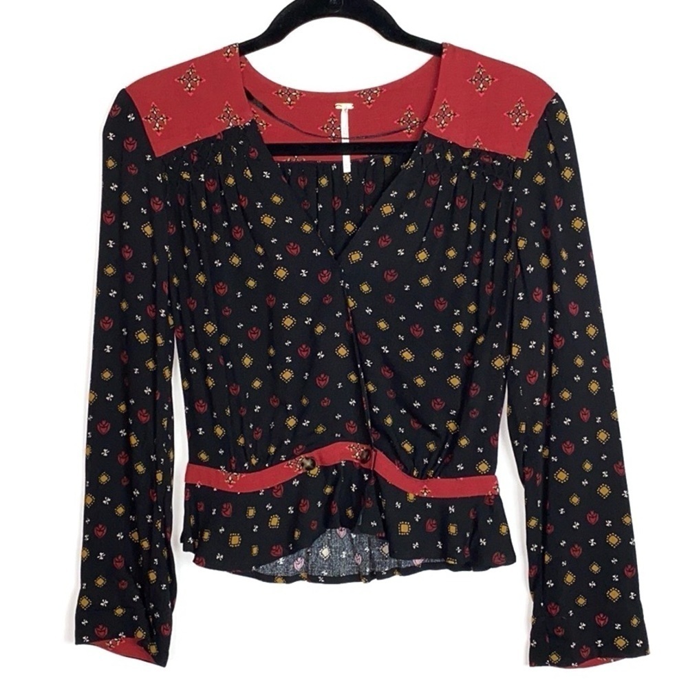 Free People Where We Roam Boho V Neck Surplice Long Sleeve Top XS